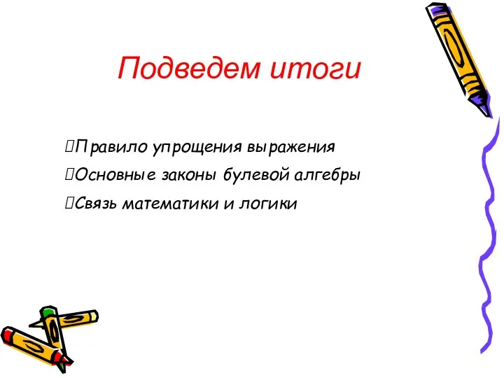 Подведем итоги Правило упрощения выражения Основные законы булевой алгебры Связь математики и логики