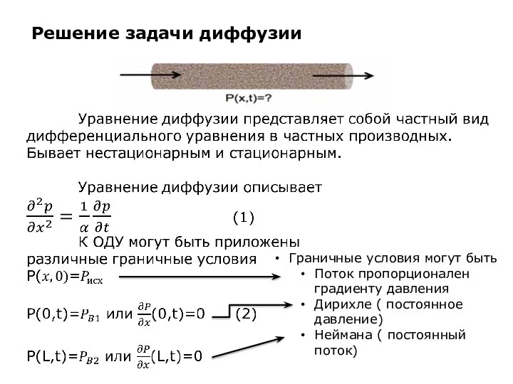 Решение задачи диффузии Граничные условия могут быть Поток пропорционален градиенту давления Дирихле