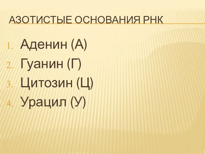 АЗОТИСТЫЕ ОСНОВАНИЯ РНК Аденин (А) Гуанин (Г) Цитозин (Ц) Урацил (У)