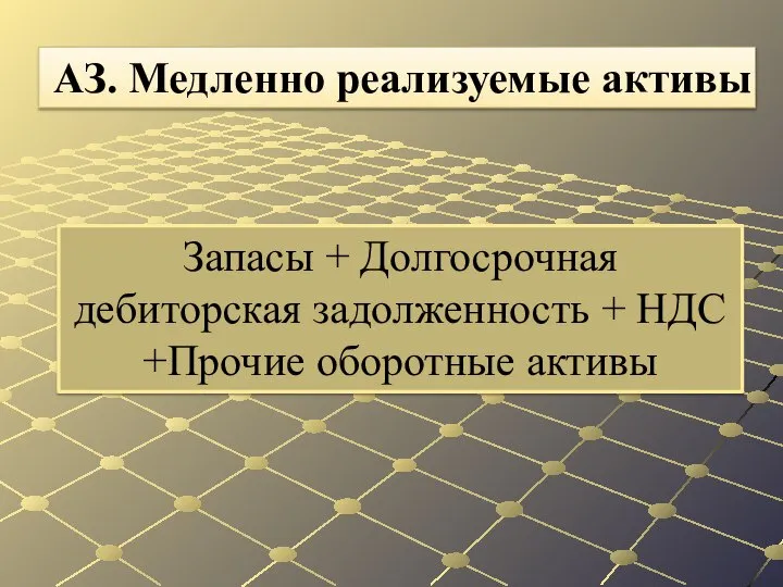 Запасы + Долгосрочная дебиторская задолженность + НДС +Прочие оборотные активы АЗ. Медленно реализуемые активы