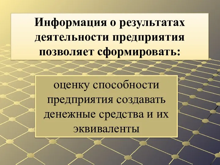 оценку способности предприятия создавать денежные средства и их эквиваленты Информация о результатах деятельности предприятия позволяет сформировать: