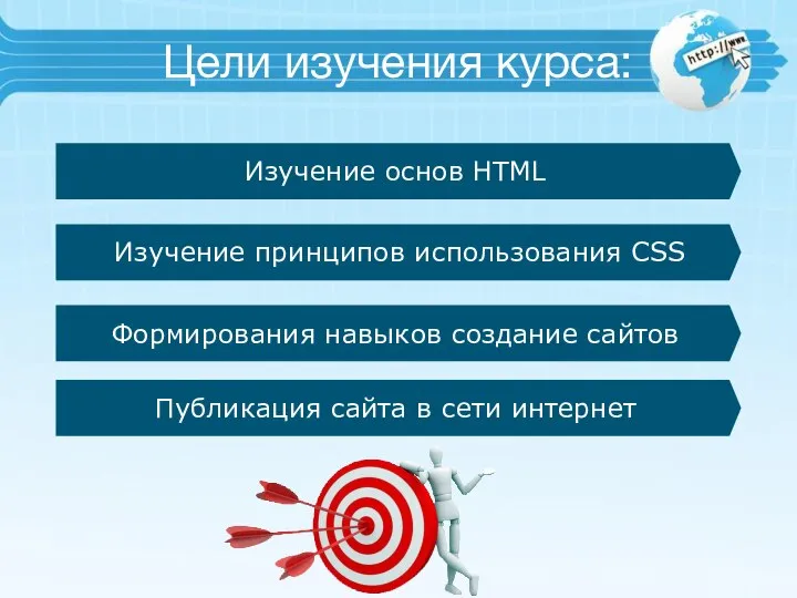 Цели изучения курса: Изучение основ HTML Изучение принципов использования CSS Формирования навыков