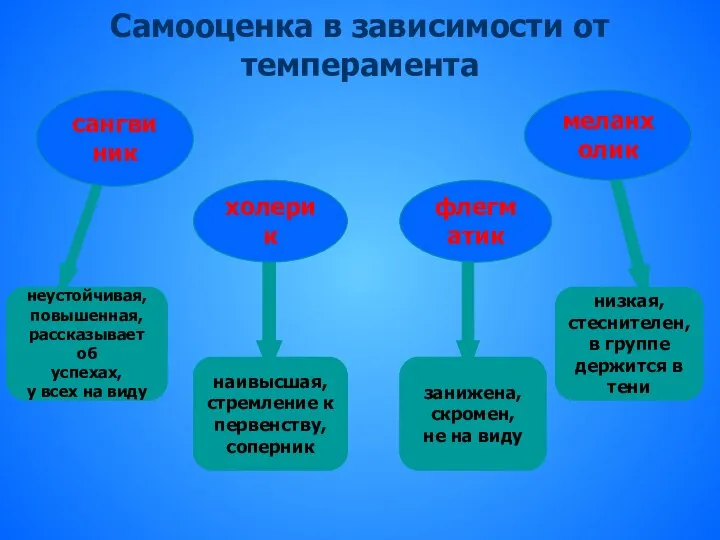 Самооценка в зависимости от темперамента неустойчивая, повышенная, рассказывает об успехах, у всех