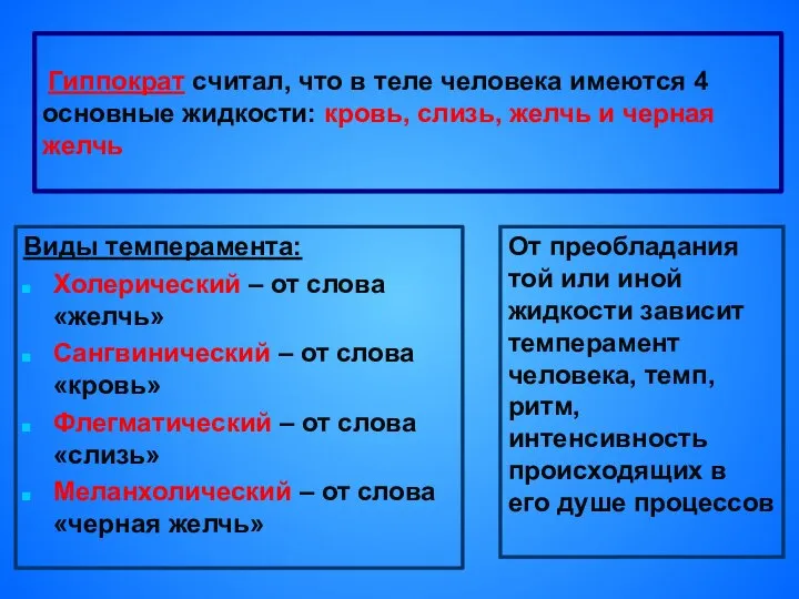 Гиппократ cчитал, что в теле человека имеются 4 основные жидкости: кровь, слизь,