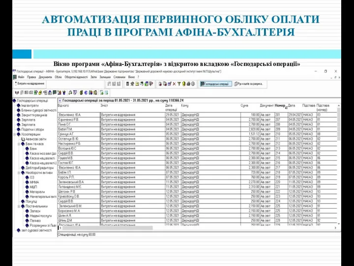 АВТОМАТИЗАЦІЯ ПЕРВИННОГО ОБЛІКУ ОПЛАТИ ПРАЦІ В ПРОГРАМІ АФІНА-БУХГАЛТЕРІЯ Вікно програми «Афіна-Бухгалтерія» з відкритою вкладкою «Господарські операції»