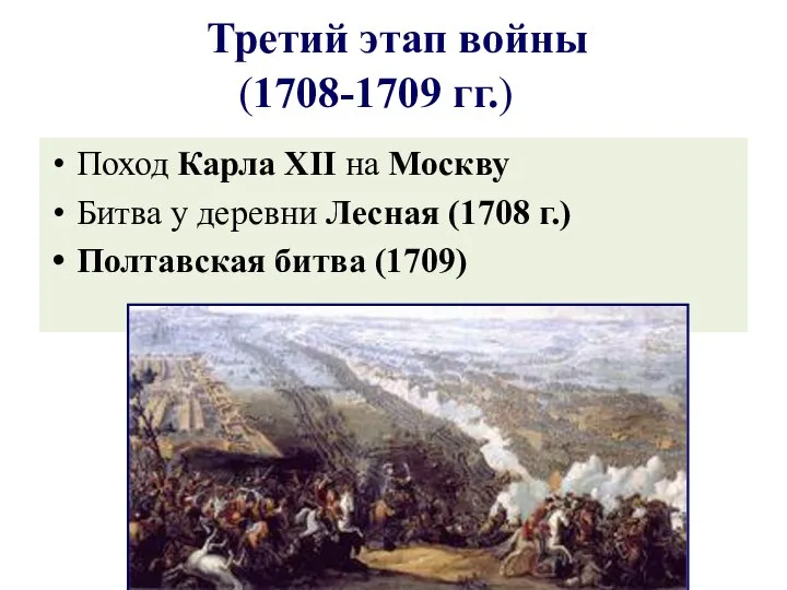 Третий этап войны Поход Карла XII на Москву Битва у деревни Лесная