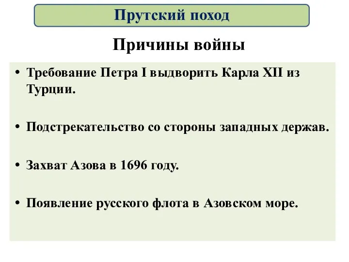 Причины войны Требование Петра I выдворить Карла XII из Турции. Подстрекательство со