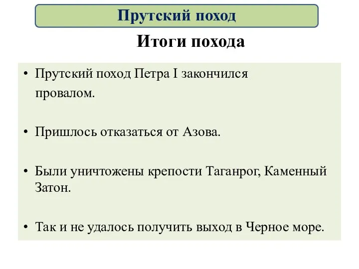 Итоги похода Прутский поход Петра I закончился провалом. Пришлось отказаться от Азова.