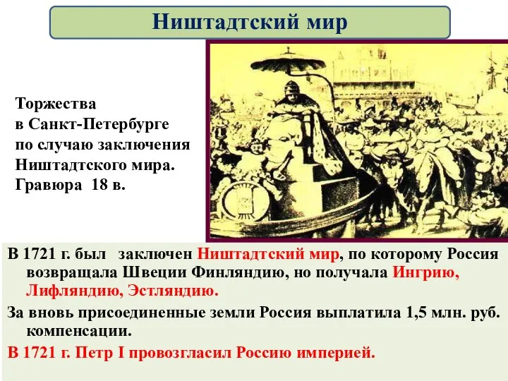 В 1721 г. был заключен Ништадтский мир, по которому Россия возвращала Швеции