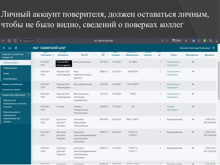Личный аккаунт поверителя, должен оставаться личным, чтобы не было видно, сведений о поверках коллег