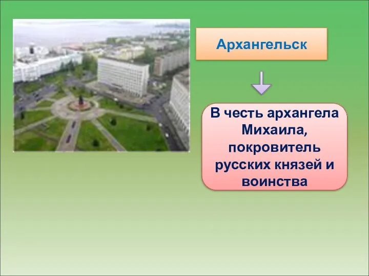 Архангельск В честь архангела Михаила, покровитель русских князей и воинства