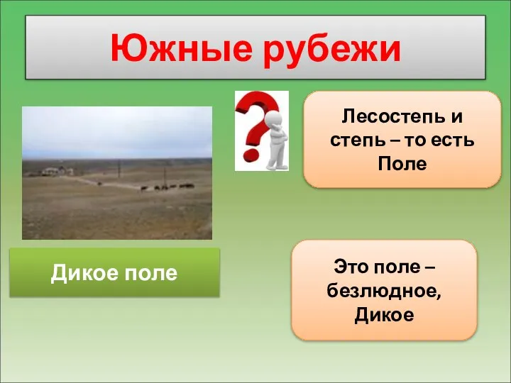 Южные рубежи Дикое поле Лесостепь и степь – то есть Поле Это поле – безлюдное, Дикое