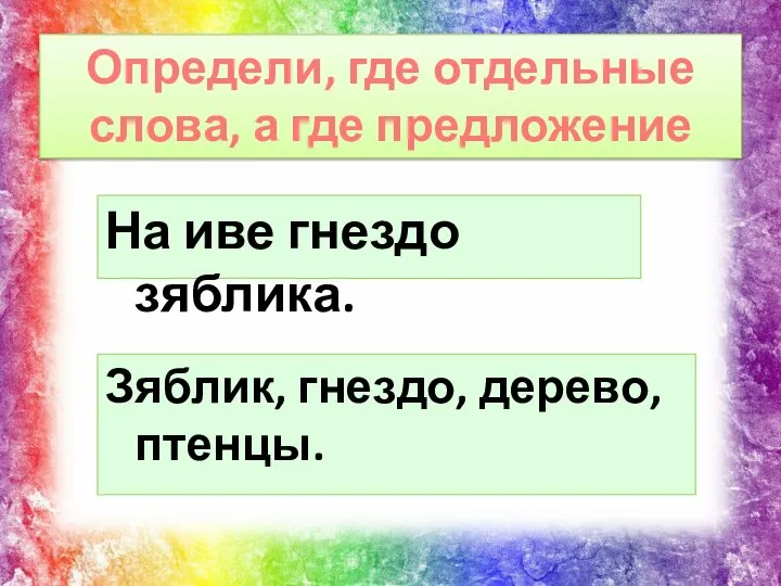 Определи, где отдельные слова, а где предложение На иве гнездо зяблика. Зяблик, гнездо, дерево, птенцы.