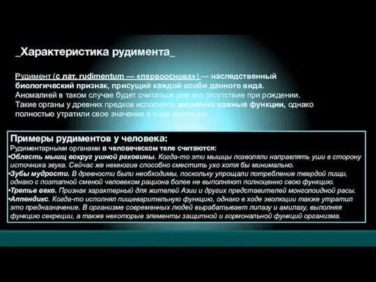 _Характеристика рудимента_ Рудимент (с лат. rudimentum — «первооснова») — наследственный биологический признак,