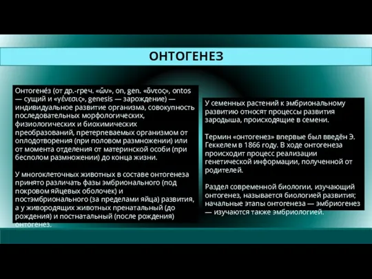 Онтогене́з (от др.-греч. «ὤν», on, gen. «ὄντος», ontos — сущий и «γένεσις»,