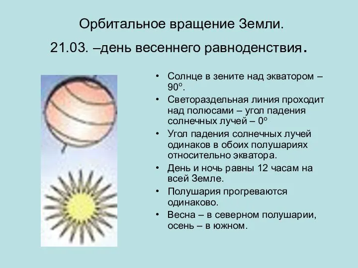 Орбитальное вращение Земли. 21.03. –день весеннего равноденствия. Солнце в зените над экватором