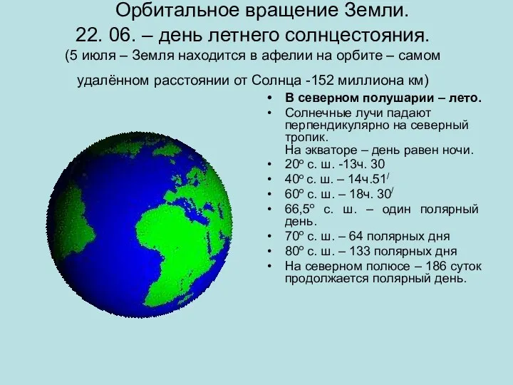 Орбитальное вращение Земли. 22. 06. – день летнего солнцестояния. (5 июля –