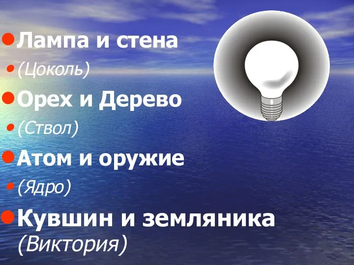 Лампа и стена (Цоколь) Орех и Дерево (Ствол) Атом и оружие (Ядро) Кувшин и земляника (Виктория)