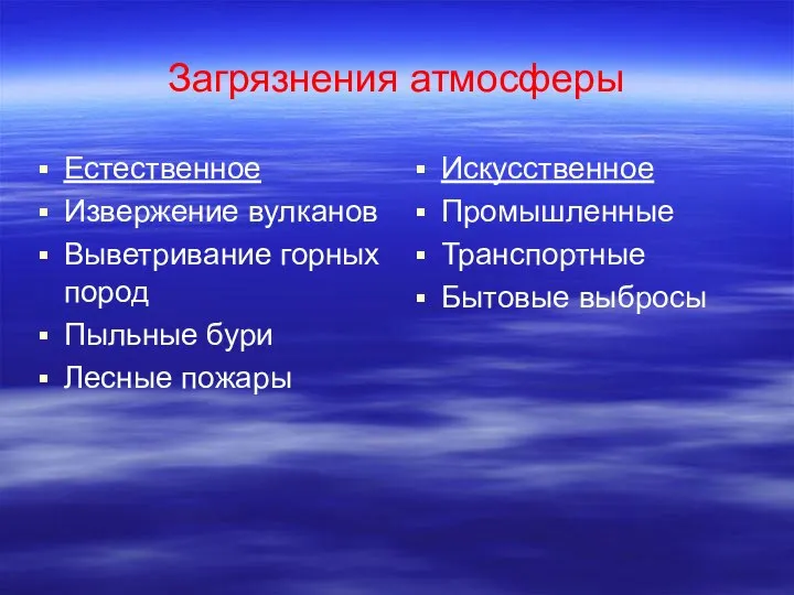 Загрязнения атмосферы Естественное Извержение вулканов Выветривание горных пород Пыльные бури Лесные пожары