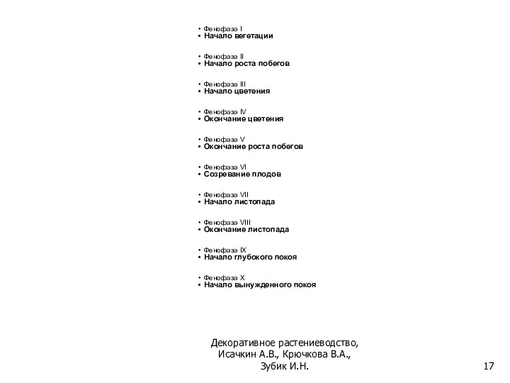 Фенофаза I Начало вегетации Фенофаза II Начало роста побегов Фенофаза III Начало