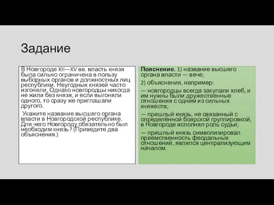 Задание В Новгороде XII—XV вв. власть князя была сильно ограничена в пользу