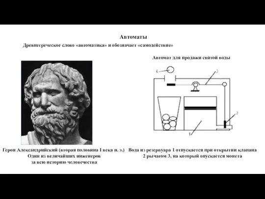 Автоматы Древнегреческое слово «автоматика» и обозначает «самодействие» Герон Александрийский (вторая половина I