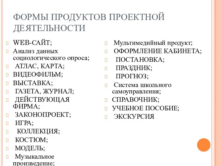 ФОРМЫ ПРОДУКТОВ ПРОЕКТНОЙ ДЕЯТЕЛЬНОСТИ WEB-САЙТ; Анализ данных социологического опроса; АТЛАС, КАРТА; ВИДЕОФИЛЬМ;