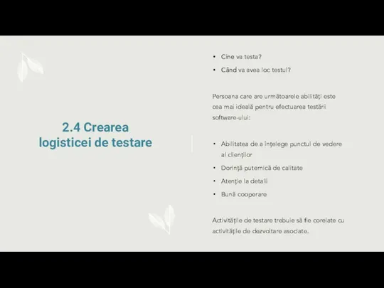 2.4 Crearea logisticei de testare Cine va testa? Când va avea loc