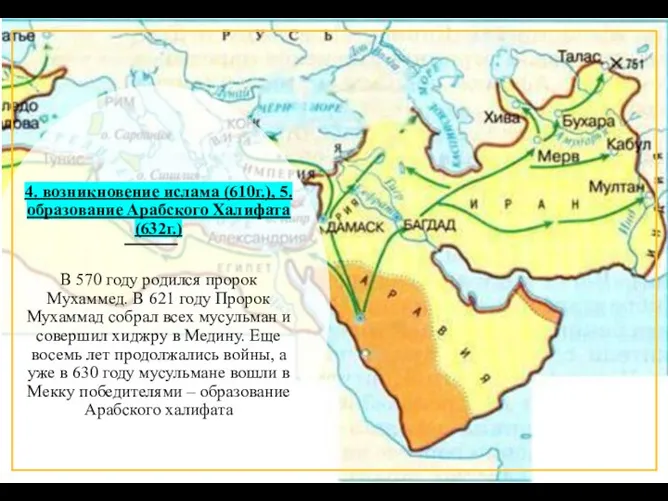 4. возникновение ислама (610г.), 5. образование Арабского Халифата (632г.) В 570 году