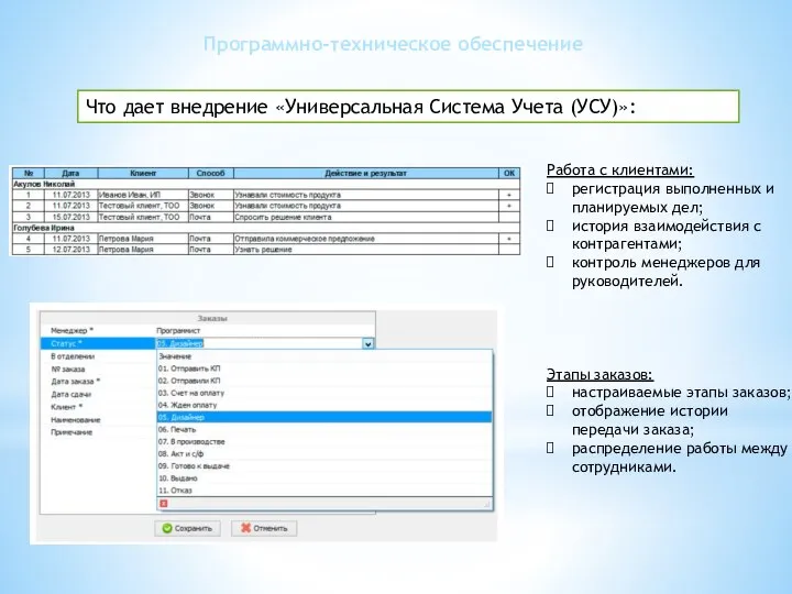 Программно-техническое обеспечение Что дает внедрение «Универсальная Система Учета (УСУ)»: Работа с клиентами: