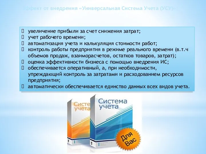 увеличение прибыли за счет снижения затрат; учет рабочего времени; автоматизация учета и