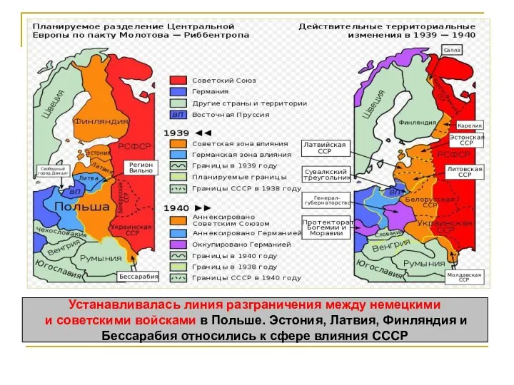 Устанавливалась линия разграничения между немецкими и советскими войсками в Польше. Эстония, Латвия,