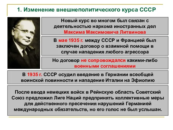 1. Изменение внешнеполитического курса СССР Новый курс во многом был связан с
