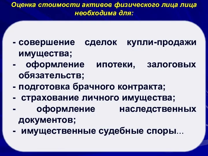 Оценка стоимости активов физического лица лица необходима для: совершение сделок купли-продажи имущества;