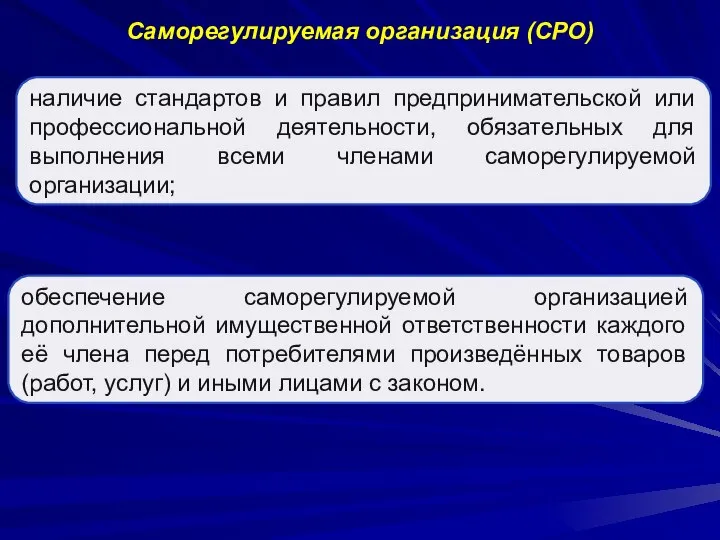 Саморегулируемая организация (СРО) наличие стандартов и правил предпринимательской или профессиональной деятельности, обязательных