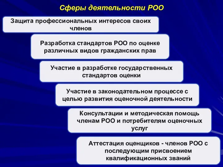 Сферы деятельности РОО Защита профессиональных интересов своих членов Разработка стандартов РОО по