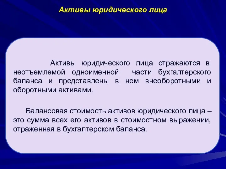 Активы юридического лица Активы юридического лица отражаются в неотъемлемой одноименной части бухгалтерского