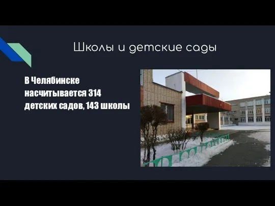 Школы и детские сады В Челябинске насчитывается 314 детских садов, 143 школы