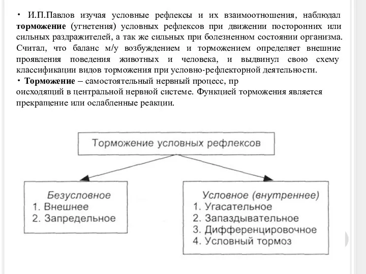 • И.П.Павлов изучая условные рефлексы и их взаимоотношения, наблюдал торможение (угнетения) условных