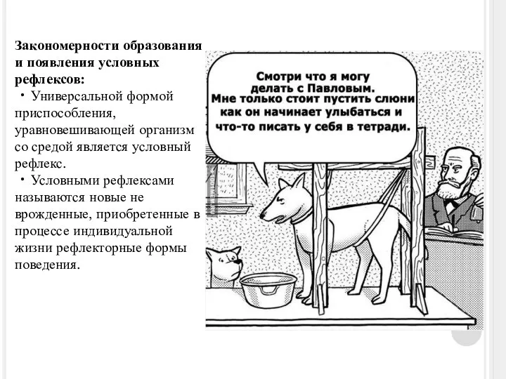 Закономерности образования и появления условных рефлексов: • Универсальной формой приспособления, уравновешивающей организм