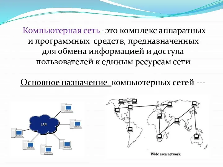 Компьютерная сеть -это комплекс аппаратных и программных средств, предназначенных для обмена информацией