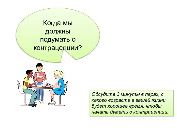 Когда мы должны подумать о контрацепции? Обсудите 3 минуты в парах, с