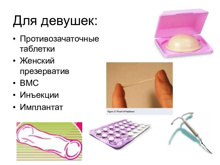 Для девушек: Противозачаточные таблетки Женский презерватив ВМС Инъекции Имплантат
