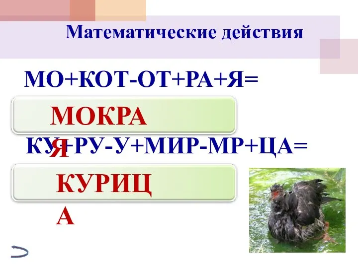 Математические действия МО+КОТ-ОТ+РА+Я= КУ+РУ-У+МИР-МР+ЦА= МОКРАЯ КУРИЦА