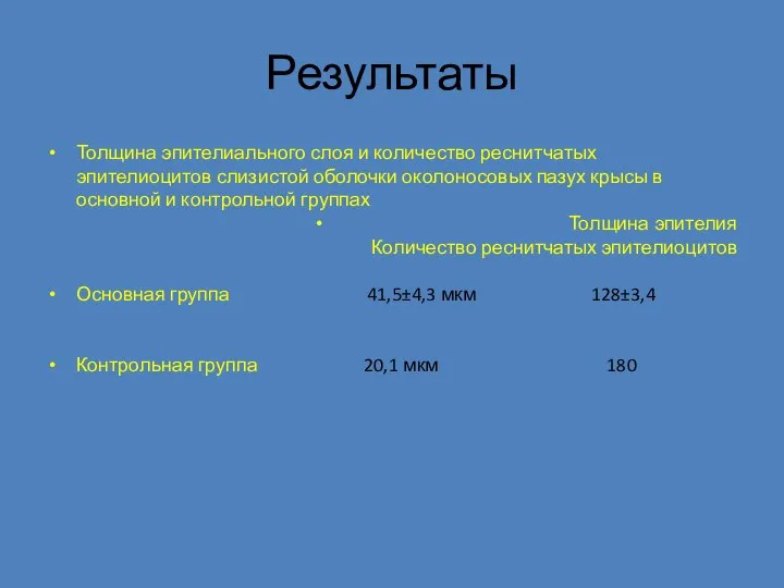 Результаты Толщина эпителиального слоя и количество реснитчатых эпителиоцитов слизистой оболочки околоносовых пазух