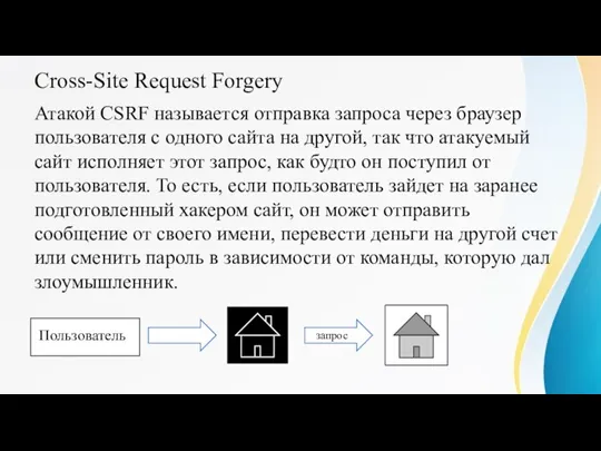 Cross-Site Request Forgery Атакой CSRF называется отправка запроса через браузер пользователя с