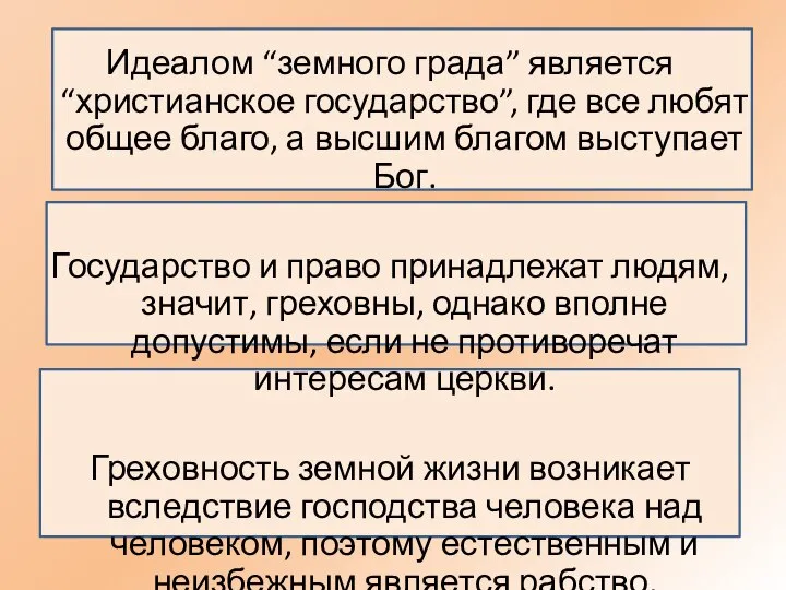 Идеалом “земного града” является “христианское государство”, где все любят общее благо, а