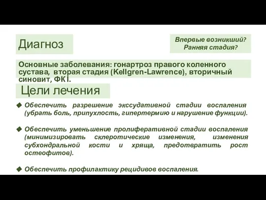 Диагноз Основные заболевания: гонартроз правого коленного сустава, вторая стадия (Kellgren-Lawrence), вторичный синовит,