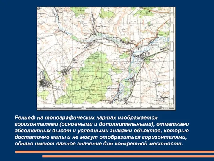 Рельеф на топографических картах изображается горизонталями (основными и дополнительными), отметками абсолютных высот