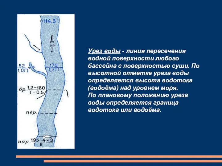 Урез воды - линия пересечения водной поверхности любого бассейна с поверхностью суши.